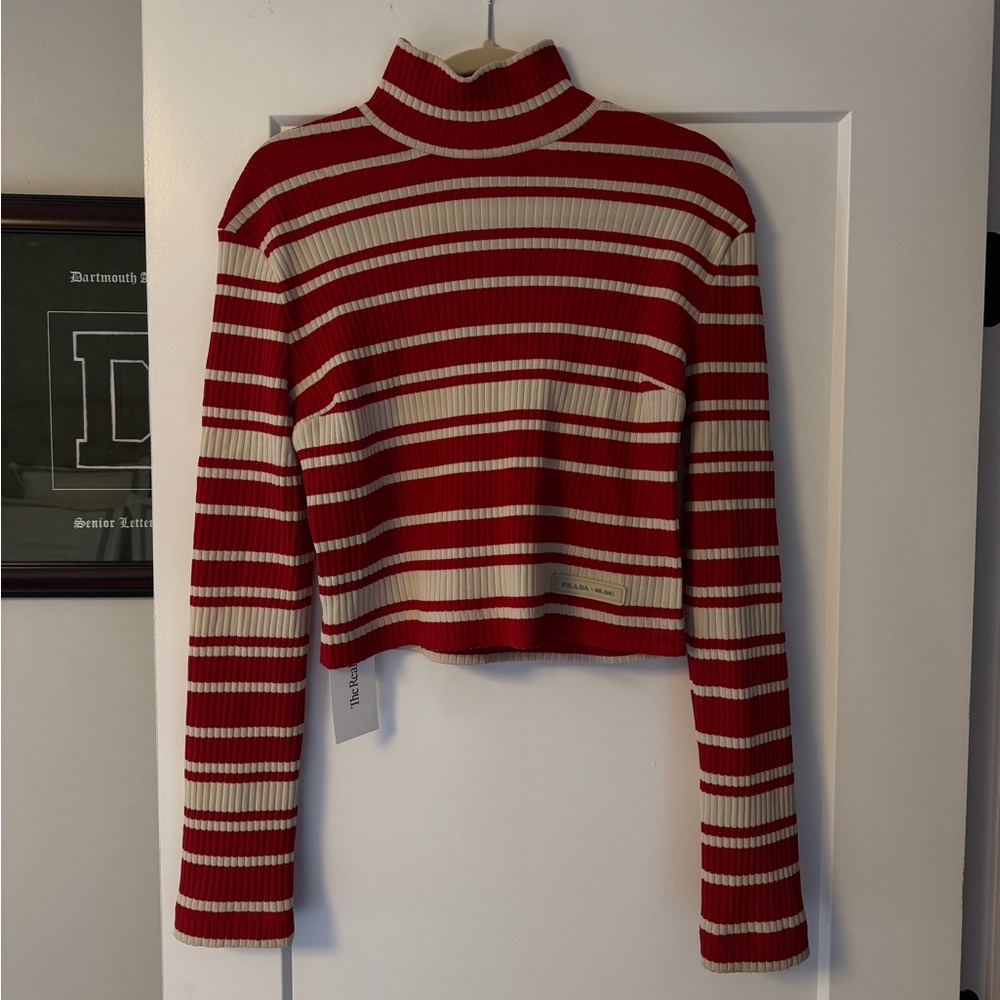Prada Red and Cream Striped Turtleneck Sweater